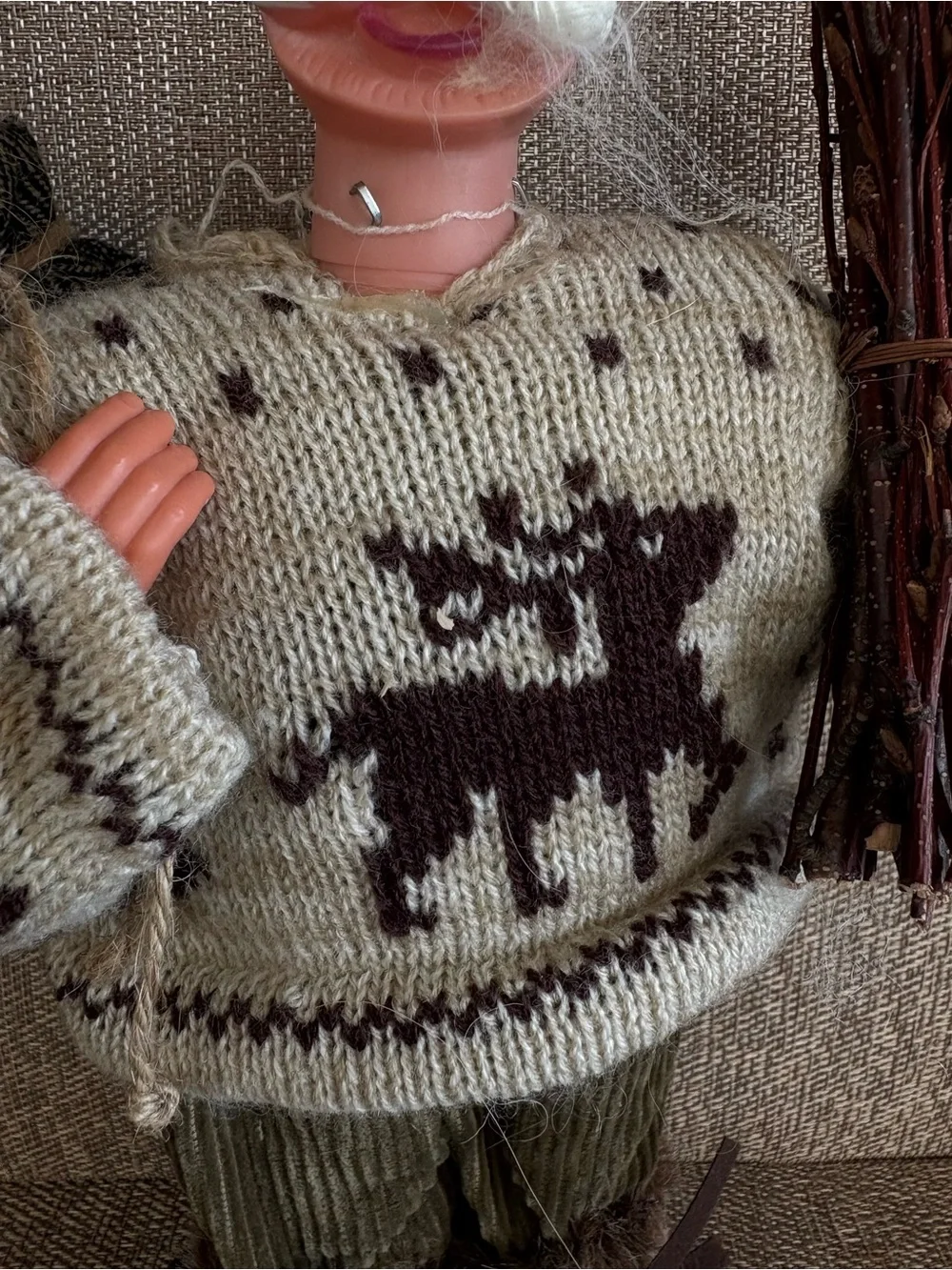 Nordic Old Man Santa Claus Doll Reindeer Knit Sweater Twig Bundle Rustic Holiday